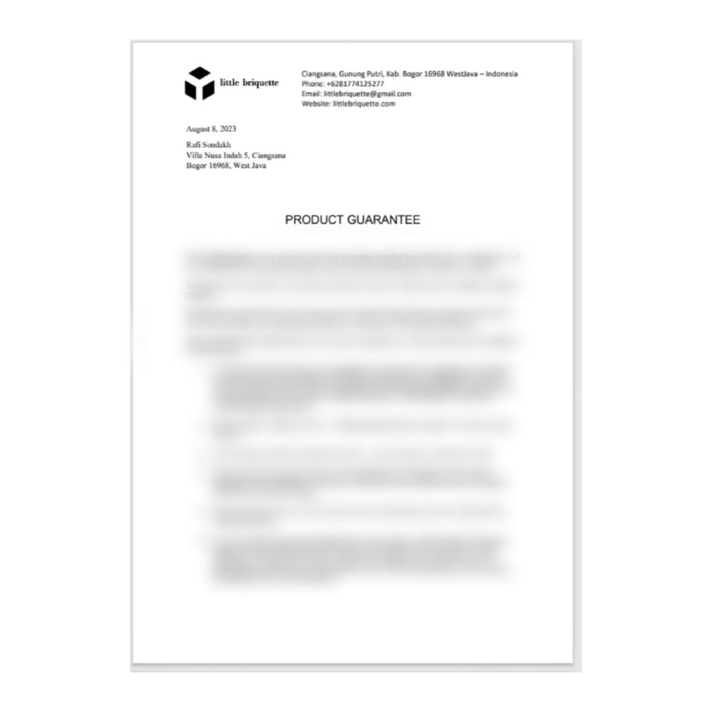 Little Briquette product quality guarantee letter with mentioning business address and a blur information about the guarantee agreement